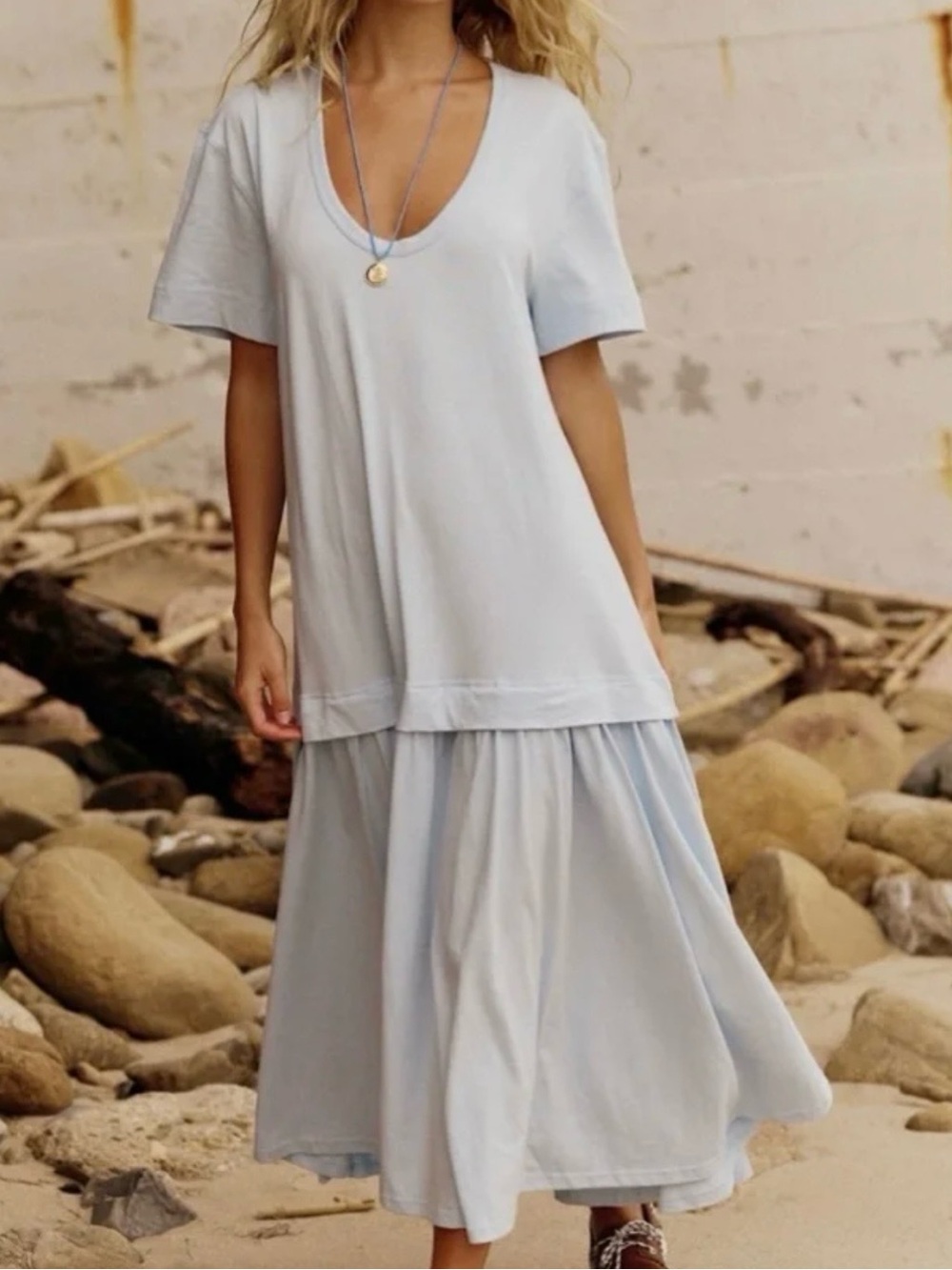 Free People Beach Herron Drop-Waist Maxi Dress, Ballad Blue, Size Medium
